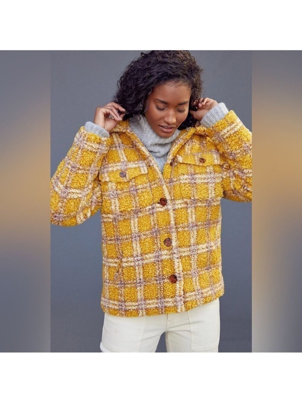 Anthropologie Driftwood Ryan Plaid Sherpa Shirt Jacket Shacket Yellow Cream M